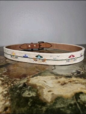 Vintage Needlepoint Belt With Beach Vibes Brass Buckle Size 33